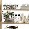 Laundry Essentials On Shelves With Towels Soap Bottles Storage Baskets Toilet Paper And Green Plants