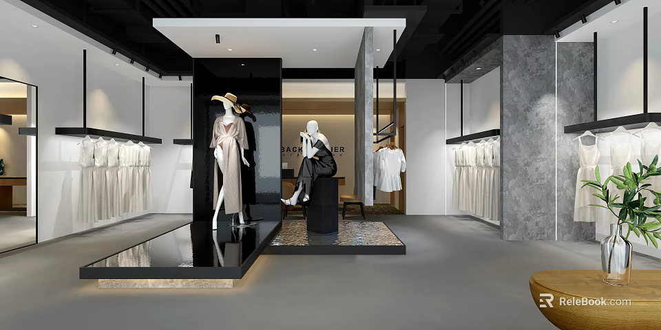 Modern Clothing Store Interior Featuring Mannequins Hanging White Clothes Dresses And Hat 3d model 