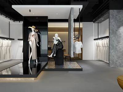 Modern Clothing Store Interior Featuring Mannequins Hanging White Clothes Dresses And Hat 3d model