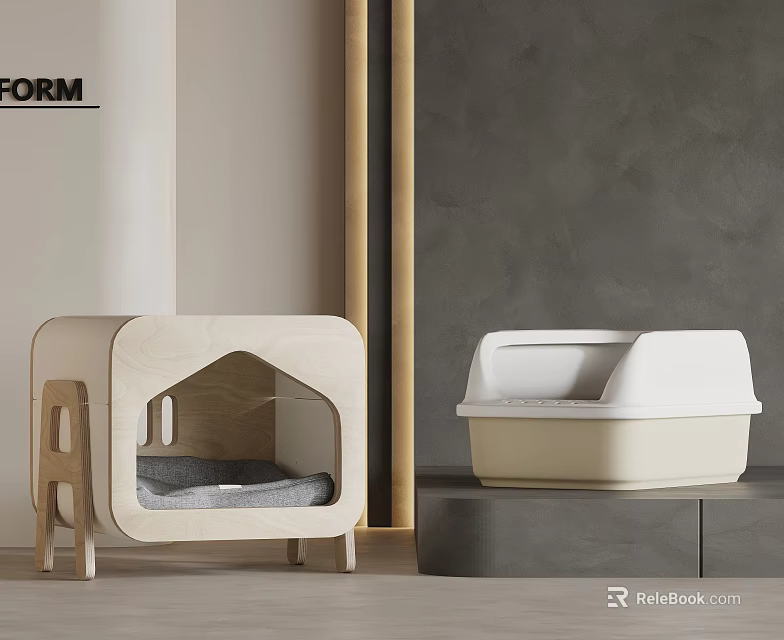 Modern Cat Furniture With Wooden Covered Bed And Beige Litter Box 3d model 
