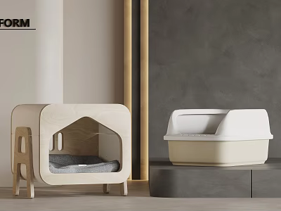 Modern Cat Furniture With Wooden Covered Bed And Beige Litter Box 3d model