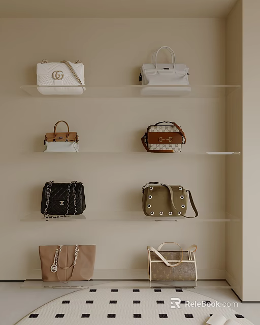 Designer Handbags Display on Shelves With Various Styles Colors Chains and Logos 3d model 