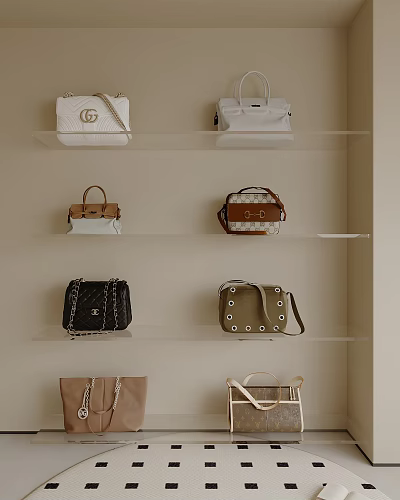 Designer Handbags Display on Shelves With Various Styles Colors Chains and Logos 3d model
