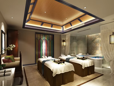 Luxurious SPA Sauna Interior Design With Multiple Massage Beds And Jacuzzi Bathtub 3d model