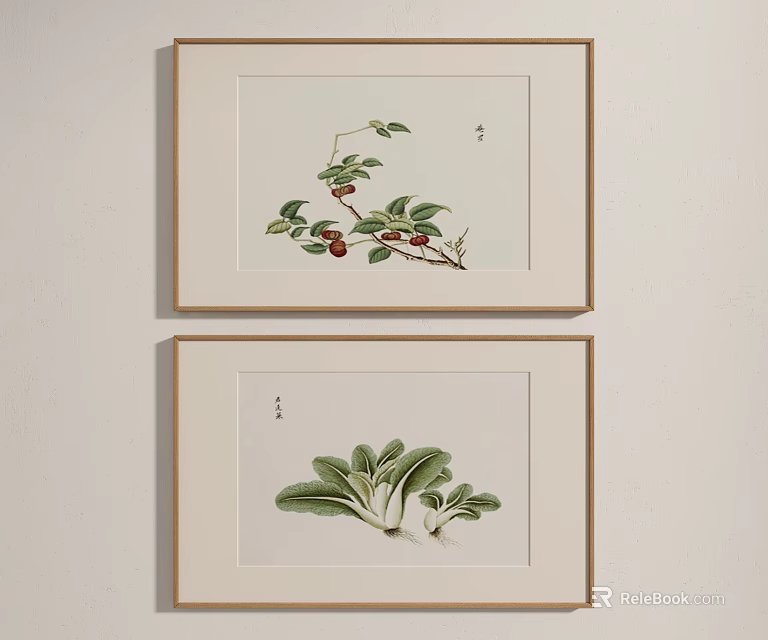 Framed Botanical Paintings With Branches Leaves Red Fruits and Green Leafy Plants on White Wall 3d model 