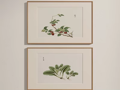 Framed Botanical Paintings With Branches Leaves Red Fruits and Green Leafy Plants on White Wall 3d model