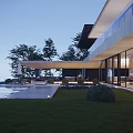 Modern Detached Villa Exterior With Large Glass Windows Swimming Pool And Lawn Area
