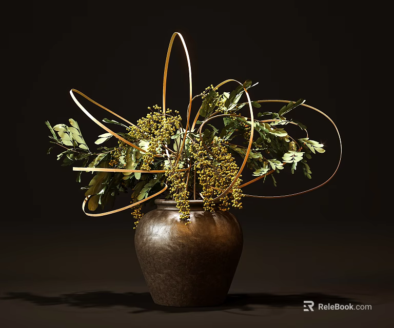 Bonsai Plant in Brown Clay Pot with Green Leaves Yellow Flowers and Golden Ring Decorations 3d model 