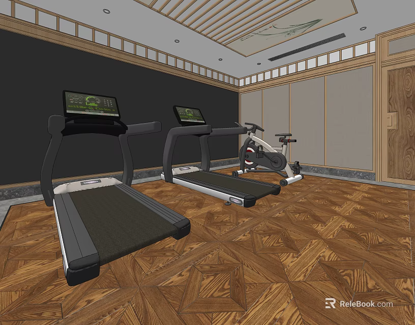 Modern Gym Interior With Treadmills Exercise Bike Wooden Floor And Screens 3d model 