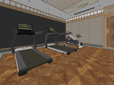 Modern Gym Interior With Treadmills Exercise Bike Wooden Floor And Screens 3d model