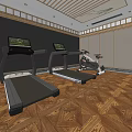Modern Gym Interior With Treadmills Exercise Bike Wooden Floor And Screens