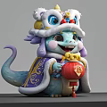 Cute Reptile Figure In Traditional Costume With Red Lantern And Lion Head Decoration