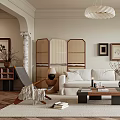 Modern Cozy Living Room Interior With White Sofa Coffee Table Area Rug And Framed Art