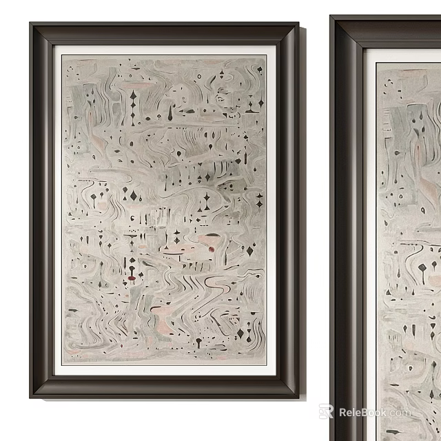 Abstract Paintings With Intricate Lines Swirls Gray Pink Tones And Dark Frames 3d model 