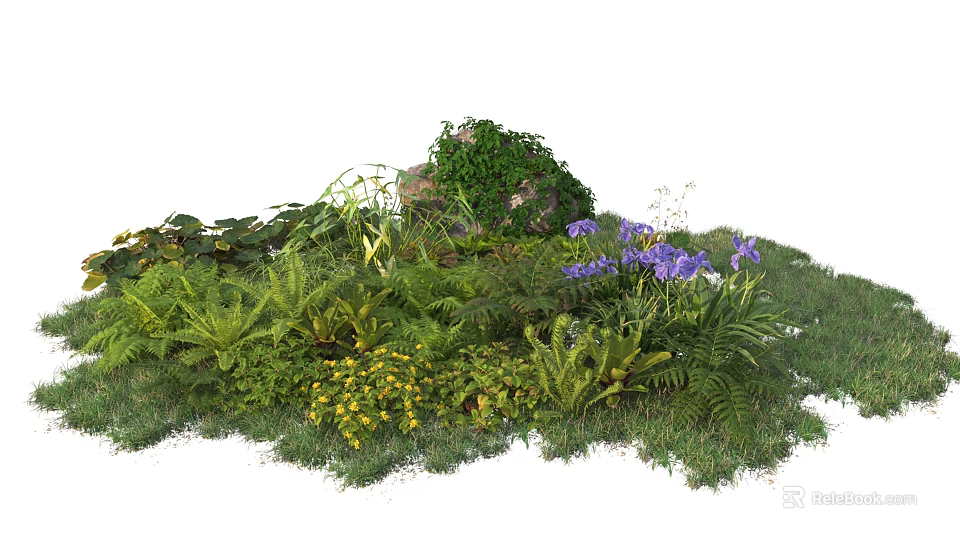 Lush Green Ferns And Purple Flowers In Natural Garden With Yellow Blossoms And Mossy Rocks 3d model 
