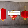 Red Lanterns with Square and Round Shapes Hanging on Gray Wall with Gold Accents