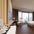 Elegant Modern Hotel Guest Room With Double Beds Working Area And Beautiful Panoramic City View