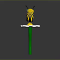 Toy Bee On White Petal Flower With Yellow Center Green Stem And Gray Background