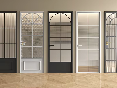 Casement Doors In Various Designs With Glass Grids Arched Tops Different Colors And Wooden Flooring 3d model