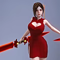 Game Movie Character In Red Qipao With Heart Shaped Neckline Holding Dual Swords