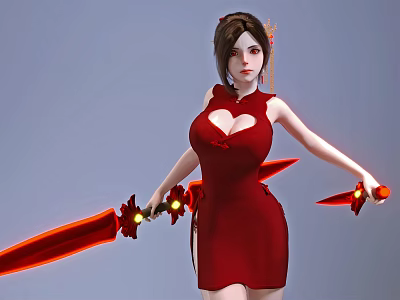 Game Movie Character In Red Qipao With Heart Shaped Neckline Holding Dual Swords 3d model