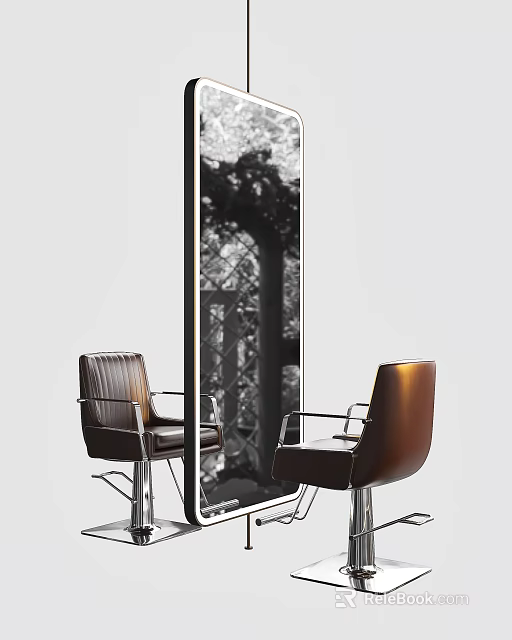 Contemporary Room Interior With Brown Leather Chairs Metal Frames And Large Mirror Reflecting Trees 3d model 