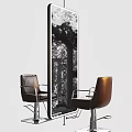 Contemporary Room Interior With Brown Leather Chairs Metal Frames And Large Mirror Reflecting Trees