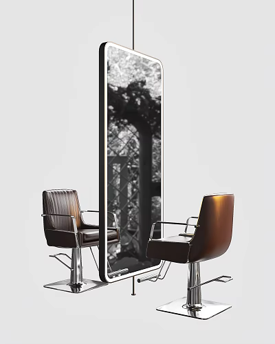 Contemporary Room Interior With Brown Leather Chairs Metal Frames And Large Mirror Reflecting Trees 3d model