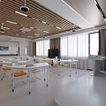 Modern Classroom With Wooden Walls White Tables Tablets Large Screen Projector And Ceiling Lighting