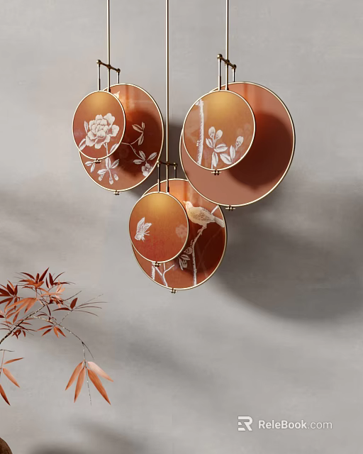Stylish Circular Chandelier With Orange Shade Floral Patterns Gold Frame And Red Leaf Branch 3d model 