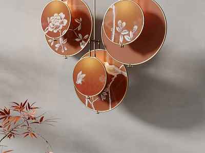 Stylish Circular Chandelier With Orange Shade Floral Patterns Gold Frame And Red Leaf Branch 3d model