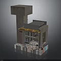 Industrial Concrete Architectural Component With Tall Cube Lower Section Yellow Accents And Colorful Base