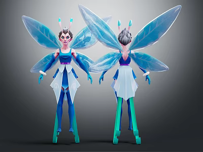 Fantasy Fairy Creature Character 3D Model with Transparent Wings and Blue White Outfit Front Back View 3d model