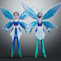 Fantasy Fairy Creature Character 3D Model with Transparent Wings and Blue White Outfit Front Back View