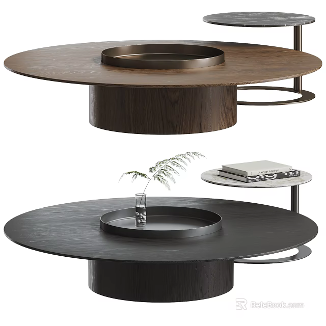 Modern Coffee Table Design With Wooden Base Metal Frame Tray Decorative Plant And Books 3d model 