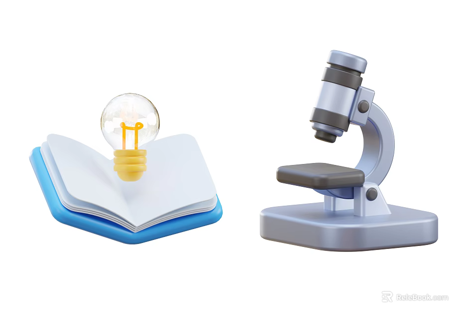Open Blue Book With Yellow Light Bulb And Gray Microscope For Learning 3d model 