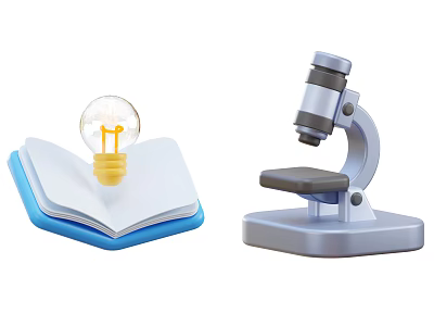 Open Blue Book With Yellow Light Bulb And Gray Microscope For Learning 3d model