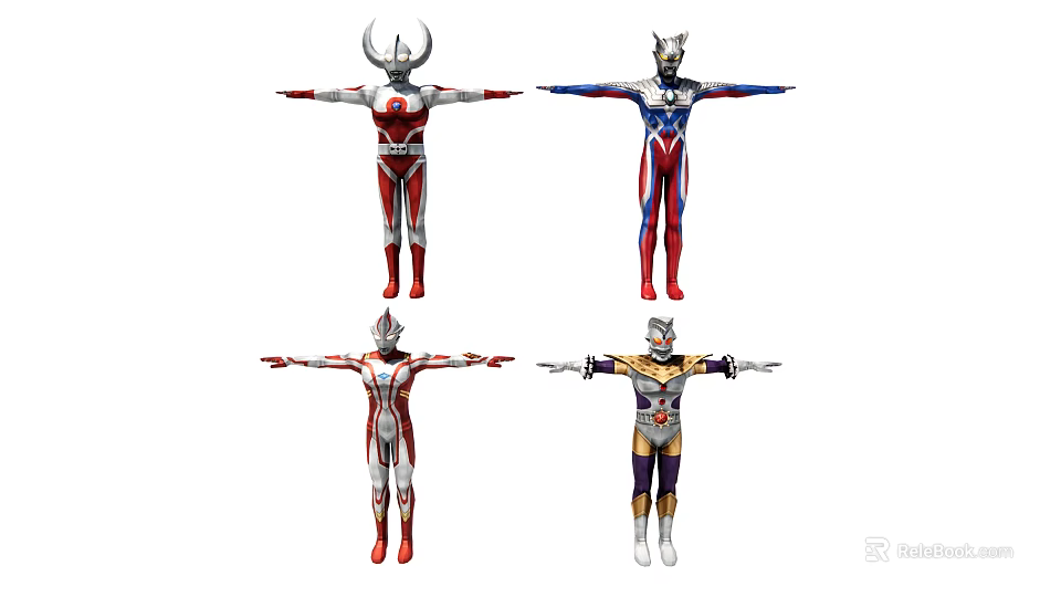 Four Colorful Superhero Action Figures In Standing Pose With Extended Arms 3d model 