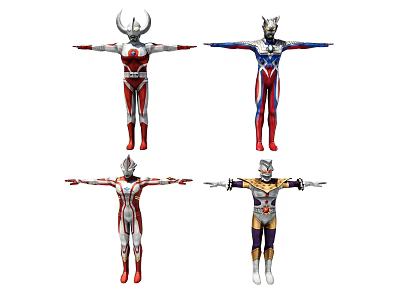 Four Colorful Superhero Action Figures In Standing Pose With Extended Arms 3d model