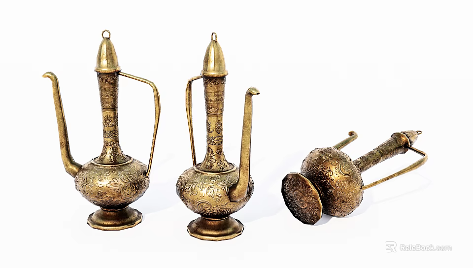 Vintage Brass Teapots Featuring Intricate Carvings Three Pieces 3d model 