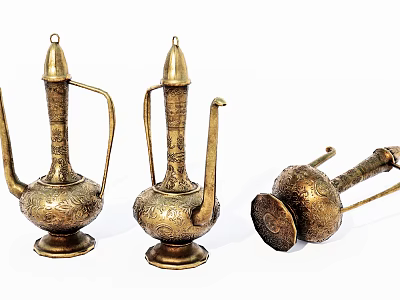 Vintage Brass Teapots Featuring Intricate Carvings Three Pieces 3d model