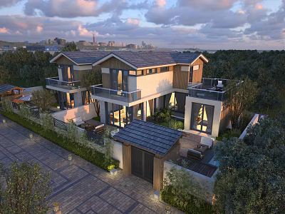 Modern Detached Villa Exterior Design With Sloped Roof Balcony Garden And Greenery 3d model