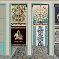 Decorative Doors With Turquoise Frames And Golden Elephant Floral Patterns 3d model