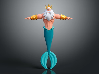 Mermaid King With Golden Crown White Beard Muscular Arms Blue Tail And Gold Arm Cuffs 3d model