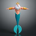 Mermaid King With Golden Crown White Beard Muscular Arms Blue Tail And Gold Arm Cuffs