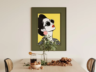 Abstract Painting Woman With Sunglasses Red Lips Earrings Yellow Background Green Frame Hanging On Wall 3d model