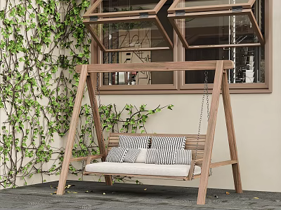 Wooden Outdoor Swing Chair With Striped Cushions White Seat Cushion And Ivy Covered Wall 3d model