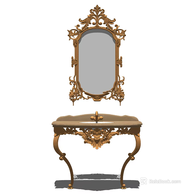 Elegant Ornate Gold Carved Vanity With Decorative Mirror And Intricate Details 3d model 