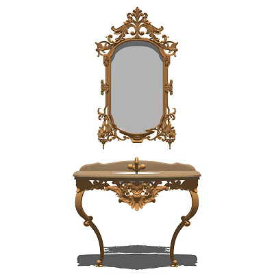 Elegant Ornate Gold Carved Vanity With Decorative Mirror And Intricate Details 3d model