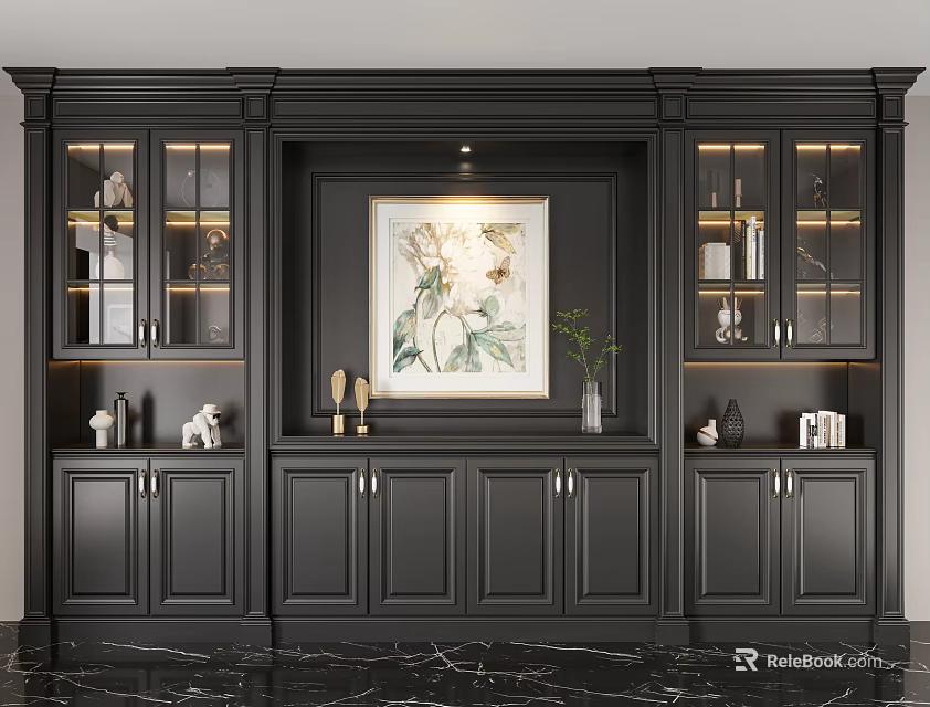 Elegant Black Wine Cabinet With Glass Doors Lighting Decorative Painting And Vase 3d model 